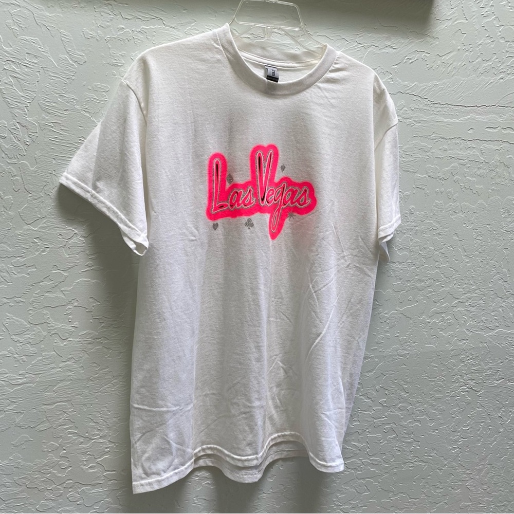 Vintage 90s Las Vegas Print Large T-Shirt Women's White w/ Hot Pink Neon Graphic - Picture 4 of 12